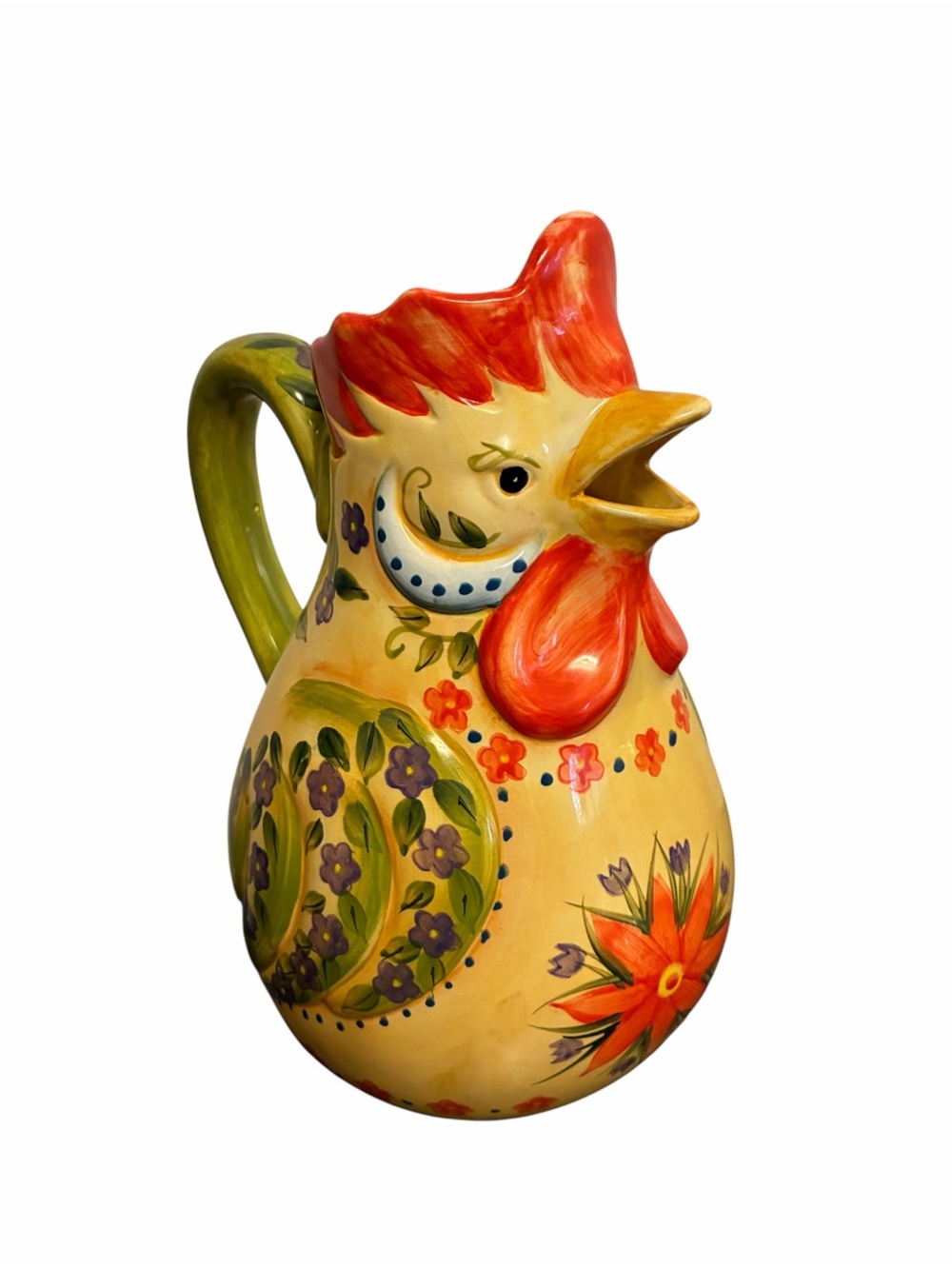 Hand-Painted Ceramic Rooster Pitcher in Yellow and Red